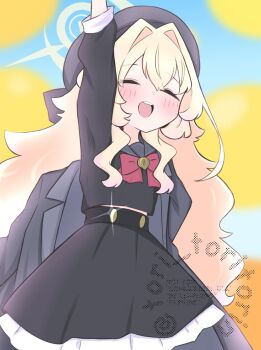 1girl :d ^_^ arm_up balloon beret black_serafuku black_shirt black_skirt blonde_hair blue_archive blue_sky blurry blurry_foreground blush bow closed_eyes commentary_request day depth_of_field frilled_skirt frills grey_hat grey_jacket grey_pantyhose grey_sailor_collar hair_between_eyes hair_intakes halo hat highres jacket kujou_karasuma long_hair long_sleeves open_clothes open_jacket open_mouth outdoors pantyhose professor_niyaniya_(blue_archive) puffy_long_sleeves puffy_sleeves red_bow sailor_collar school_uniform serafuku shirt skirt sky smile solo very_long_hair watermark