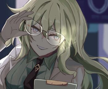 Rule 34 | 1girl, adjusting eyewear, black necktie, breasts, coat, collared shirt, commentary, glasses, green shorts, h3 hk, highres, holding, holding notepad, honkai (series), honkai impact 3rd, lab coat, large breasts, looking at viewer, mobius (honkai impact), mobius (pre-surgery) (honkai impact), necktie, notepad, shirt, shorts, slit pupils, smile, solo, symbol-only commentary, upper body, white coat