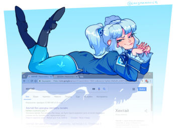 Rule 34 | 1girl, artist name, ass, black boots, blue eyes, blue hair, blue jacket, blue pants, blunt bangs, boots, breasts, cozynakovich, cyrillic, full body, google, interlocked fingers, jacket, long hair, looking at viewer, lying, narrowed eyes, on stomach, pants, pantyhose, pink lips, rkn-chan, roskomnadzor, small breasts, smile, smug, solo, twintails