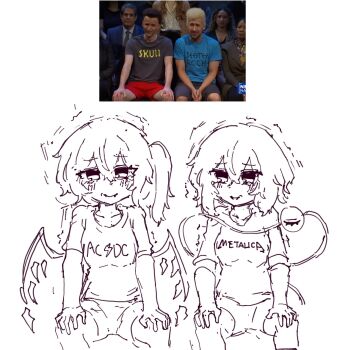 Rule 34 | 2girls, blush, closed mouth, clothes writing, crystal, crystal wings, eyeball, flandre scarlet, greyscale, highres, komeiji koishi, long hair, looking at viewer, monochrome, multiple girls, no headwear, one side up, rampa93, reference inset, shirt, short sleeves, shorts, smile, third eye, touhou, trembling, wings