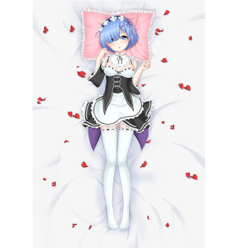 1girl black_dress black_ribbon blue_eyes blue_hair breasts cleavage commentary_request dakimakura_(medium) dress erspace frilled_pillow frills hair_ribbon lying on_back petals pillow re:zero_kara_hajimeru_isekai_seikatsu rem_(death_note) ribbon short_hair smile solo thighhighs white_thighhighs