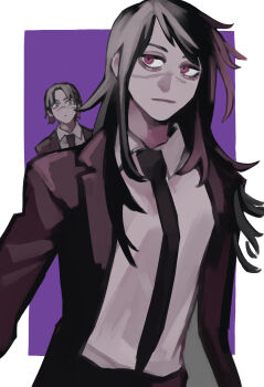 Rule 34 | 1boy, 1girl, black hair, black jacket, black necktie, breasts, chainsaw man, collared shirt, formal clothes, highres, jacket, kurose yuutarou, long hair, looking at another, looking to the side, medium breasts, medium hair, nakano (2 mannaka), necktie, red eyes, scar, scar on face, shirt, suit, tendou michiko, two-tone background, white shirt