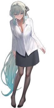 1girl absurdres black_bow black_bra black_dress black_pantyhose blue_eyes blush bow bra braid breasts cleavage closed_mouth collared_shirt commentary_request dress fate/grand_order fate_(series) full_body grey_hair hair_between_eyes hair_bow half_up_braid highres lace lace-trimmed_bra lace_trim large_breasts long_hair long_sleeves looking_at_viewer mishiro_(ixtlolton) morgan_le_fay_(fate) original pantyhose ponytail see-through_clothes shirt sidelocks simple_background solo underwear very_long_hair white_background white_hair white_shirt