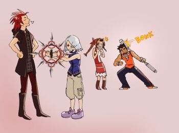 2boys 2girls aerith_gainsborough black_footwear black_hair black_jacket black_pants blank_eyes blue_vest boots bri_(brigriv) brown_footwear brown_hair brown_pants cargo_pants clenched_teeth closed_eyes commentary dress english_commentary english_text final_fantasy final_fantasy_vii final_fantasy_viii full_body fujin_(ff8) grey_hair grey_pants hair_ribbon hands_on_own_hips hands_up hitting holding holding_staff holding_weapon jacket kingdom_hearts kingdom_hearts_iii knee_boots lea_(kingdom_hearts) long_hair mage_staff medium_hair multiple_boys multiple_girls open_mouth orange_shoes orange_tank_top pants parted_bangs pink_background plaid_clothes plaid_shirt ponytail purple_footwear raijin_(ff8) red_dress red_hair red_ribbon ribbon saliva shirt shoes short_hair sidelocks smile sparkling_eyes spiked_hair staff standing tank_top teeth vest weapon wristband