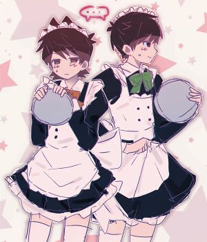 ... 2boys alternate_costume animification apron black_dress blush bow bowtie brown_eyes brown_hair cowboy_shot crossdressing crossdressing_(mtf) dress edd_(eddsworld) eddsworld enmaided green_bow green_bowtie hair_ears highres holding holding_tray maid maid_headdress male_focus male_maid multiple_boys profile red_bow red_bowtie short_hair sketch spoken_ellipsis standing star_(symbol) thighhighs tord_(eddsworld) tray white_apron white_thighhighs yunian77 zettai_ryouiki