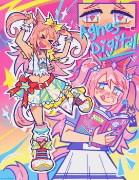 &gt;_&lt; 1girl :d aegyo_sal agnes_digital_(full-color_fangirling)_(umamusume) agnes_digital_(umamusume) agnes_tachyon_(umamusume) alt_text animal_ears armpits asymmetrical_legwear bare_arms bead_bracelet bead_choker beads belt belt_buckle blue_eyes blue_shirt blue_skirt blush book bow bracelet buckle character_charm character_name charm_(object) choker close-up collarbone commentary cowboy_shot cropped_shirt diamond_hair_ornament dot_nose drooling english_commentary footwear_bow frilled_shirt frills full_body gradient_background hair_bobbles hair_bow hair_ornament halftone halftone_background happy heart heart_in_eye heart_print holding holding_book holding_own_hair holding_pen horse_ears horse_girl horse_tail jewelry kneehighs lace lace-trimmed_skirt lace_trim large_bow leg_up long_hair loose_socks manhattan_cafe_(umamusume) midriff miniskirt mismatched_legwear multicolored_socks multiple_bracelets multiple_views navel neck_tassel nervous_sweating open_book open_mouth otaku outline pen pink_background pink_hair pleated_skirt print_skirt print_thighhighs puffy_short_sleeves puffy_sleeves raised_inner_eyebrows red_belt red_bow rookiebe sailor_collar school_uniform shirt shoes short_sleeves single_kneehigh single_sock single_thighhigh single_wrist_cuff skirt sleeveless sleeveless_shirt smile sneakers socks sparkle standing striped_bow striped_clothes striped_skirt striped_socks sweat symbol_in_eye tail tassel thighhighs tongue tongue_out tracen_school_uniform two-tone_background two-tone_shirt two-tone_skirt two_side_up umamusume very_long_hair waist_bow white_choker white_outline white_sailor_collar white_shirt white_shoes white_skirt white_socks white_thighhighs white_wrist_cuffs wrist_cuffs writing yellow_background yellow_bow