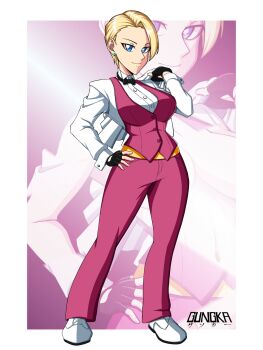 1girl blonde_hair blue_eyes bow bowtie breasts curvy female_focus formal_clothes gungka gungkagiggog highres holding huge_breasts king_(snk) large_breasts looking_at_viewer pale_skin pants shirt shoes short_hair smile smiley_face standing suit the_king_of_fighters thick_thighs thighs tuxedo undressing white_shirt wide_hips