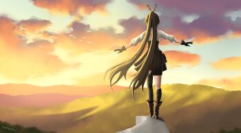 1girl blackcapbandit brown_hair from_behind full_body highres hololive hololive_english landscape nanashi_mumei ponytail scenery self-upload solo sunset virtual_youtuber walking_away