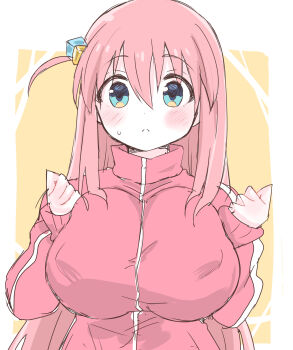 1girl arms_up blue_eyes blush bocchi_the_rock! breasts closed_mouth commentary covered_erect_nipples cube_hair_ornament gotoh_hitori hair_ornament highres huge_breasts jacket long_hair looking_at_viewer meunkoyomi one_side_up pale_skin pink_hair pink_jacket pink_track_suit side_ahoge simple_background solo solo_focus sweatdrop track_jacket track_suit