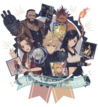 234_(1234!) 2girls 3boys aerith_gainsborough arm_cannon armor barret_wallace black_gloves black_hair blonde_hair blue_eyes blush breasts brown_hair brown_vest chocobo closed_mouth cloud_strife collarbone commentary_request crop_top dark-skinned_male dark_skin dress facial_hair final_fantasy final_fantasy_vii final_fantasy_vii_remake fingerless_gloves fire flame-tipped_tail gloves green_eyes grin hair_ribbon highres holding holding_trophy jacket jewelry long_hair looking_at_viewer medium_breasts midriff moogle mouth_hold multiple_boys multiple_girls necklace open_mouth orange_fur parted_bangs pink_dress pink_ribbon red_eyes red_jacket red_xiii ribbon scar scar_on_face short_hair shoulder_armor sleeveless sleeveless_turtleneck smile sparkle spiked_hair suspenders sweater swept_bangs tail tank_top tifa_lockhart trophy turtleneck turtleneck_sweater upper_body vest weapon white_tank_top