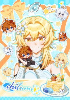 1boy 2girls animal_ears black_gloves blonde_hair blue_eyes cake commentary couple english_text flower food fox_boy fox_ears genshin_impact gloves hair_flower hair_ornament hetero highres lumine_(genshin_impact) mask mask_on_head multiple_girls orange_hair paimon_(genshin_impact) ritsu82056317 short_hair smile sparkle symbol-only_commentary tartaglia_(genshin_impact)