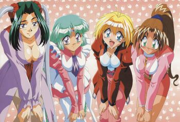 Rule 34 | 1990s (style), 4girls, blonde hair, blue eyes, blush, breasts, brown hair, canal vorfeed, cleavage, dress, green eyes, green hair, hair ornament, hair scrunchie, hair tubes, hands on own knees, high ponytail, juliet sleeves, large breasts, leaning forward, long hair, long sleeves, looking at viewer, lost universe, medium breasts, millennium feria nocturne, multiple girls, nina mercury, non-web source, official art, open mouth, ponytail, puffy sleeves, retro artstyle, scrunchie, short hair, smile, thighhighs, white thighhighs