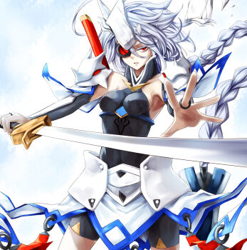 Rule 34 | 1girl, absurdres, armor, bare shoulders, blazblue, bodysuit, eyepatch, female focus, fusion, hakumen, highres, holding, holding weapon, karadborg, katana, mask, mask on head, messy hair, nu-13, pauldrons, shoulder armor, simple background, skirt, solo, sword, weapon