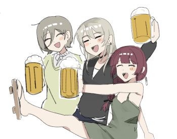 3girls absurdres beer_mug black_sweater blush bocchi_the_rock! braid brown_hair brown_sweater chinese_commentary closed_eyes coin commentary_request crossover cup dress drunk earrings geta girls_band_cry green_dress grey_hair haidao_mao hair_between_eyes highres hiroi_kikuri holding holding_cup jewelry kawaragi_momoka long_hair long_hair_between_eyes mug multicolored_hair multiple_girls open_mouth purple_hair roots_(hair) rupa_(girls_band_cry) sharp_teeth single_braid sleeveless sleeveless_dress sweater teeth trait_connection