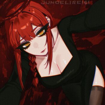 Rule 34 | 1girl, absurdres, bent over, black dress, black thighhighs, blood, blood halo, braid, breasts, chainsaw man, cleavage, closed mouth, commentary, cowboy shot, double-parted bangs, dress, eyelashes, hair over shoulder, halo, highres, junoelise161, large breasts, liquid halo, long hair, looking at viewer, makima (chainsaw man), red background, red hair, ringed eyes, sidelocks, single braid, smile, solo, thick eyelashes, thighhighs, yellow eyes