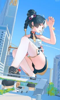 1girl bare_shoulders black_hair black_shoes black_shorts blue_sky braid braided_twintails bridge building car chinese_clothes clear_sky collarbone commentary_request crane_(machine) dialyn_(zenless_zone_zero) dress earrings full_body giant giantess hair_extensions highres jewelry lamppost long_hair looking_to_the_side motor_vehicle mousedic07 multicolored_hair necktie outdoors pedestrian_bridge ring_hair_extensions shoes shorts sky skyscraper solo sparkling_eyes split-color_hair squatting thighhighs white_dress white_hair white_thighhighs yellow_eyes yellow_necktie zenless_zone_zero