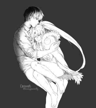 1boy 1girl animal barefoot biyoo_(omniscient_reader&#039;s_viewpoint) closed_eyes criteria curled_up dual_persona full_body fur_collar greyscale hand_on_another&#039;s_shoulder high_ponytail highres hug kim_dokja long_hair monochrome omniscient_reader&#039;s_viewpoint ponytail shin_yoosung short_hair sitting sitting_on_lap sitting_on_person sleeves_rolled_up