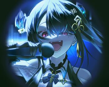 1girl asymmetrical_horns bare_shoulders black_hair blue_hair close-up demon_horns eyelashes half-closed_eye highres holding holding_microphone hololive hololive_english horns insfidelie long_hair microphone mole mole_under_eye nerissa_ravencroft nerissa_ravencroft_(1st_costume) open_mouth purple_eyes slit_pupils solo uneven_horns upper_body virtual_youtuber