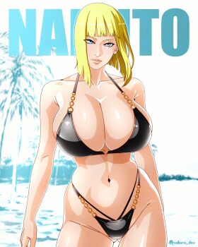 1girl absurdres bare_shoulders beach bikini blonde_hair blue_eyes breasts curvy gluteal_fold heart highres huge_breasts looking_at_viewer medium_hair naruto_(series) navel palm_tree saburo_des samui_(naruto) solo swimsuit thighs tree twitter_username