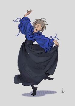 1girl black_skirt blue_shirt collarbone commentary dancing english_commentary frilled_shirt frilled_sleeves frills full_body grey_background grey_hair highres long_skirt original shadow shirt short_hair signature simple_background skirt skirt_hold solo speedoshi