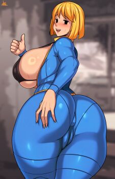 1girl absurdres ass bikini black_bikini black_eyes blonde_hair blurry blurry_background bodysuit breasts breasts_out cameltoe fallout hand_on_own_ass highres huge_ass huge_breasts jmg partially_visible_vulva presenting short_hair smile sweatdrop swimsuit thick_thighs thighs thumbs_up unzipped vault_girl