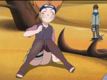 1boy 1girl ass blue_scarf brown_hair child closed_eyes closed_mouth desert kazamatsuri_moegi konohagakure_symbol long_scarf naruto_(series) naruto_shippuuden no_panties orange_hair sand sarutobi_konohamaru scarf screencap smile spiked_hair tagme thighs