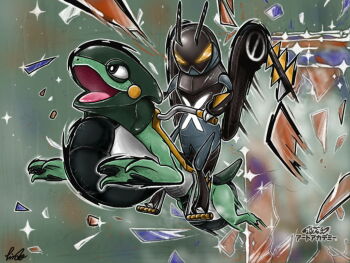 art_academy_(medium) breaking broken_glass commentary_request cyclizar glass handlebar holding_handlebar lokix motion_blur nintendo no_humans open_mouth outline pokemon pokemon_(creature) pokemon_art_academy pokemon_focus riding riding_pokemon rindou_(l2_pkmn) signature sparkle v-shaped_eyes white_outline