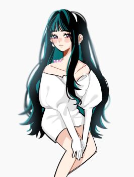 1girl alien_stage bare_shoulders black_hair bow chest_bow closed_mouth commentary dress dress_bow earrings elbow_gloves english_commentary gloves hair_intakes hairband highres invisible_chair jayeu jewelry juliet_sleeves long_hair long_sleeves looking_at_viewer official_alternate_hair_length official_alternate_hairstyle puffy_sleeves purple_eyes signature sitting solo sua_(alien_stage) very_long_hair white_bow white_dress white_gloves white_hairband