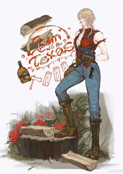 1girl absurdres bad_source belt blonde_hair blue_eyes blue_pants boots bottle char_aznable denim flower full_body genderswap genderswap_(mtf) gloves grass green_gloves gun gundam hammer highres holding holding_weapon jeans knee_boots lace-up_boots log looking_at_viewer medium_hair pants plaid_clothes plaid_shirt pulppunk001 red_flower red_rose red_vest rose shirt sleeveless sleeveless_shirt solo tree_stump vest watermark weapon weibo_username weibo_watermark white_background white_shirt zeta_gundam