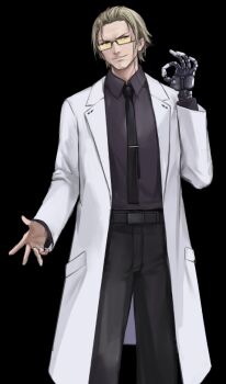 1boy belt belt_buckle black-framed_eyewear black_background black_belt black_necktie black_pants black_shirt blonde_hair buckle coat codename:_bakery_girl collared_shirt cropped_legs eyewear_strap facing_viewer grin hair_slicked_back male_focus mechanical_hands necktie official_art ok_sign open_clothes open_coat pants reverse_collapse_(series) shirt simple_background single_mechanical_hand smile solo spoilers standing sunglasses tachi-e third-party_source tinted_eyewear white_coat william_(reverse_collapse) wing_collar yellow-tinted_eyewear