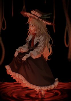 1girl absurdres black_background black_hat black_skirt black_vest blonde_hair blood dolls_in_pseudo_paradise frilled_hat frilled_shirt_collar frilled_skirt frills from_side hat highres jacket_girl_(dipp) long_hair long_sleeves neck_ribbon noose pool_of_blood red_ribbon ribbon skirt skirt_hold solo standing touhou vest wading yoshino_(q_sci)