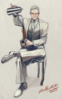 1boy chair coffee collared_shirt crossed_legs ctkcave cup dress_shoes english_text formal_clothes good_omens grey_socks highres holding holding_cup holding_kettle kettle looking_at_viewer male_focus necktie old old_man on_chair pollution_(good_omens) shirt shoes simple_background sitting smirk socks solo suit vest white_background white_eyes white_hair white_necktie white_shirt white_shoes white_suit white_vest