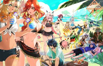 6+boys 6+girls :3 :o ^^^ absurdres ahoge ajaw_(genshin_impact) aqua_hair aqua_shirt bare_shoulders beach bennett_(adventures_in_blazing_hue)_(genshin_impact) bennett_(genshin_impact) black_gloves black_headband black_one-piece_swimsuit black_pants black_skirt blank_eyes blonde_hair blue_hoodie blue_pants blush bottle braid breasts cacucu_(genshin_impact) chasca_(genshin_impact) citlali_(genshin_impact) cleavage colored_inner_hair commentary_request cow_girl cow_horns cup dark-skinned_female dark_skin day drinking earrings eating fingerless_gloves fingernails floating floating_headgear flower frilled_skirt frills full-face_blush genshin_impact gloves green_eyes green_shorts hair_between_eyes hair_flower hair_ornament hands_up headband headgear highres holding holding_bottle holding_cup holding_skewer hood hood_down hood_up hoodie horns iansan_(genshin_impact) ifa_(genshin_impact) innertube itsumono_katze jewelry kachina_(genshin_impact) kinich_(genshin_impact) large_breasts lips long_hair looking_at_another lying mavuika_(genshin_impact) medium_breasts mualani_(genshin_impact) multicolored_hair multiple_boys multiple_girls navel notice_lines on_back one-piece_swimsuit open_clothes open_mouth open_shirt ororon_(genshin_impact) outdoors pants pink_hair plate pointy_ears purple_eyes red_eyes red_flower red_hair saliva shirt shoes shorts single_fingerless_glove sitting skewer skirt spilling squiggle standing stomach swim_ring swimsuit symbol-shaped_pupils thigh_strap towel twin_braids varesa_(genshin_impact) venti_(genshin_impact) very_long_hair water white_hair xilonen_(genshin_impact) yellow_skirt