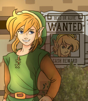 1boy belt blue_eyes brown_hair bush elf hand_on_own_hip hat link nervous_smile nintendo pointy_ears poster shadow smile standing the_legend_of_zelda the_legend_of_zelda:_a_link_to_the_past tunic wanted_poster