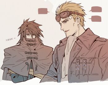 2boys ascot batphone1939 black_hair black_jacket blonde_hair cape cid_highwind cloak commentary_request cropped_torso crossed_arms facial_hair final_fantasy final_fantasy_vii final_fantasy_vii_rebirth final_fantasy_vii_remake gauntlets goggles goggles_on_head grey_background hair_between_eyes headband highres jacket long_hair looking_at_viewer male_focus multiple_boys open_clothes open_jacket short_hair simple_background single_gauntlet speech_bubble spiked_hair upper_body vincent_valentine white_ascot