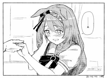 1girl animal_ears averting_eyes blush border bow bowtie braid braided_bangs commentary_request dated dot_nose ear_bow ears_down embarrassed from_side greyscale hair_between_eyes hand_on_own_cheek hand_on_own_face hand_up holding_hands horse_ears horse_girl kawashina_(momen_silicon) long_hair looking_down monochrome open_mouth puffy_short_sleeves puffy_sleeves sailor_collar school_uniform serafuku short_sleeves signature sketch_background solo_focus summer_uniform super_creek_(umamusume) swept_bangs tracen_school_uniform translation_request umamusume upper_body