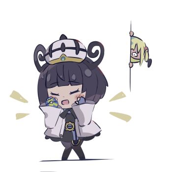 2girls belt belt_buckle black_dress black_hair black_pantyhose blonde_hair blue_gloves bob_cut buckle canari_(pokemon) chibi chibi_only closed_eyes dress gloves gwynn_(pokemon) hat highres holding holding_poke_ball long_sleeves mask mouth_mask multicolored_hair multiple_girls nintendo o-ring o-ring_belt open_mouth pantyhose partially_fingerless_gloves peeking_out poke_ball pokemon pokemon_legends:_z-a quick_ball ramuawa