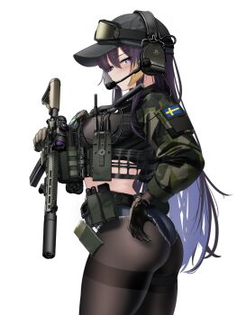 1girl absurdres ass assault_rifle baseball_cap black_gloves black_hat black_jacket black_pantyhose blonde_hair blush breasts camouflage camouflage_jacket commentary commission cropped_jacket cutoffs denim denim_shorts from_side gloves goggles goggles_on_head green_sleeves gun hat headphones highres holding holding_gun holding_weapon jacket large_breasts long_hair micro_shorts microphone military original pantyhose pixiv_commission purple_hair rifle rynn_(rynn_cube) shorts solo swedish_flag thighband_pantyhose very_long_hair walkie-talkie weapon