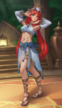 1girl black_horns blue_nails blue_skirt breasts brooch closed_mouth commentary crop_top detached_sleeves diamond_wa_kudakenai english_commentary fake_horns full_body genshin_impact gladiator_sandals green_eyes hands_up harem_outfit higashikata_josuke's_pose highres horns jewelry jojo_no_kimyou_na_bouken jojo_pose long_hair low_twintails midriff navel nilou_(genshin_impact) puffy_detached_sleeves puffy_sleeves red_hair sandals skirt small_breasts smile solo standing stomach stormstx twintails veil very_long_hair white_sleeves white_veil