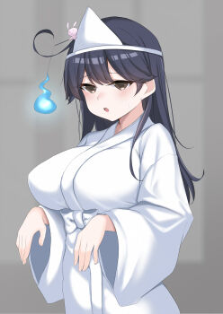 Rule 34 | 1girl, absurdres, ahoge, black hair, breasts, brown eyes, ghost costume, highres, japanese clothes, jiangyou dang, kantai collection, kimono, large breasts, long hair, shiroshouzoku, solo, triangular headpiece, ushio (kancolle), wet kimono, white kimono