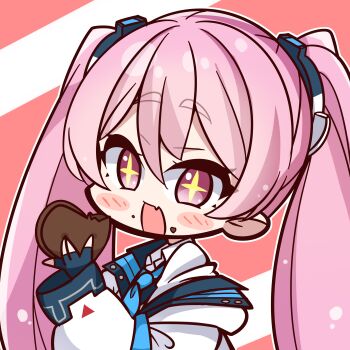+_+ 1girl :d \||/ absurdres black_gloves blue_archive blue_necktie candy chibi chibi_only chocolate chocolate_heart collared_shirt fang fingerless_gloves food food_on_face gloves hair_between_eyes happy hashtag-only_commentary heart heart-shaped_food highres holding holding_food koyuki_(blue_archive) long_hair long_sleeves looking_at_viewer nckak9rjjdjff4e necktie open_mouth outline pink_background pink_eyes pink_hair school_uniform shirt simple_background skin_fang smile solo thick_eyebrows twintails upper_body very_long_hair white_outline white_shirt wide_sleeves