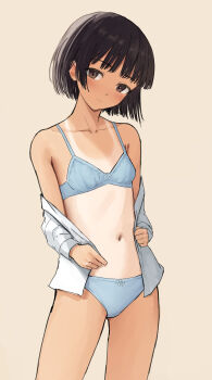 1girl absurdres bare_shoulders black_hair blue_bra blue_panties blush bow bow_bra bow_panties bra breasts brown_background brown_eyes closed_mouth collarbone commentary_request head_tilt highres itsuki_nofuji long_sleeves looking_at_viewer navel off_shoulder one-piece_tan open_clothes open_shirt original panties shirt short_hair simple_background small_breasts solo tan tanline underwear white_shirt