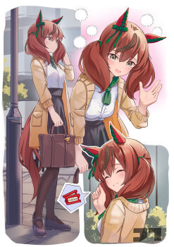 1girl :d ^_^ absurdres animal_ears bag black_pantyhose black_shoes black_skirt brown_bag brown_eyes brown_hair closed_eyes coat commentary ear_covers english_commentary facing_viewer green_neckerchief grin highres holding holding_bag horse_ears horse_girl horse_tail jtleeklm long_hair long_sleeves looking_at_viewer multicolored_hair multiple_views neckerchief nice_nature_(umamusume) open_mouth pantyhose pocket revision shirt shoes skirt smile spoken_object streaked_hair tail ticket two_side_up umamusume utility_pole waving white_shirt yellow_coat