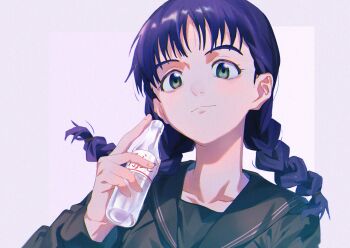 Rule 34 | 1girl, bottle, braid, closed mouth, collarbone, flcl, highres, long hair, looking at viewer, ninamori eri, purple hair, school uniform, simple background, smile, solo, tacit 1113, twin braids