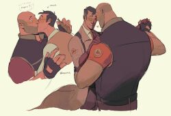 Rule 34 | 2boys, bald, bara, beard stubble, black hair, citrus0lemon, closed eyes, couple, cropped legs, cropped torso, dancing, drunk, facial hair, forehead-to-forehead, heads together, heart, heavy (tf2), highres, holding hands, kiss, male focus, mature male, medic, medic (tf2), multiple boys, multiple views, short hair, sideburns, simple background, size difference, smile, stubble, surprise kiss, surprised, team fortress 2, wide-eyed, yaoi, yellow background