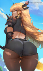 1girl 2025 absurdres ai-assisted araneesama artist_name ass ass_focus back big_breasts black_shorts blonde_hair blue_eyes breasts brown_pantyhose bsky_link deviantart_link earrings female_focus from_behind highres huge_ass illyana_rasputin jewelry large_breasts long_hair looking_at_viewer looking_back magik_(illyana_rasputin) magik_(marvel_rivals) magik_(x-men) marvel marvel_rivals outdoors pantyhose patreon_logo patreon_username ripped_pantyhose russian short_shorts shorts sideboob sky solo solo_focus sword thick_thighs thighs watermark weapon web_address