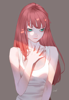 Rule 34 | absurdres, breasts, brown background, green eyes, highres, light rays, looking down, medium breasts, ori dal, original, red hair, shirt, sunbeam, sunlight, white shirt