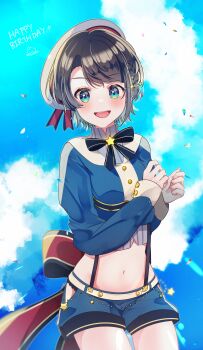 1girl :d absurdres artist_name back_bow belt black_hair blue_eyes blue_jacket blue_shorts blue_sky bow braid breasts clothing_cutout cloud confetti cowboy_shot cropped_jacket cropped_shirt cross_hair_ornament day emutakanoe gold_buttons grey_hat grey_shirt hair_ornament hands_up happy_birthday hat high_collar highres hip_vent hololive jacket large_bow large_breasts long_sleeves looking_at_viewer midriff navel oozora_subaru oozora_subaru_(suspenders) open_mouth panties panty_peek pinstripe_pattern pinstripe_shirt sailor_hat shirt short_hair shorts side_braid signature sky sleeve_cuffs smile solo star_(symbol) star_hair_ornament suspender_shorts suspenders swept_bangs underwear virtual_youtuber white_belt