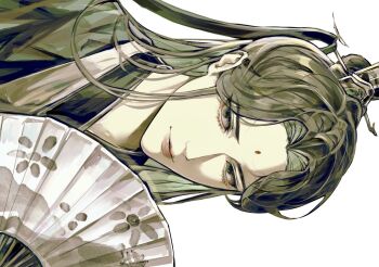 1boy ameadesu bindi brown_hair chinese_clothes closed_mouth curtained_hair eyelashes green_eyes green_hair green_hanfu hair_bun half_updo hand_fan hanfu highres long_hair looking_at_viewer male_focus parted_bangs pink_lips portrait renzha_fanpai_zijiu_xitong ribboned_xiao_guan shen_qingqiu simple_background single_hair_bun solo white_background