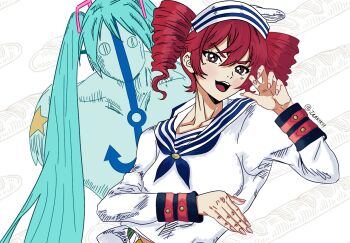 2girls aqua_hair baguette blue_sailor_collar blush bread commentary cosplay dixie_cup_hat drill_hair english_commentary food hair_between_eyes hat hatsune_miku higashikata_josuke_(jojolion) higashikata_josuke_(jojolion)_(cosplay) highres iamk1k11 jojo_no_kimyou_na_bouken jojolion kasane_teto long_hair military_hat multiple_girls open_mouth red_eyes red_hair sailor_collar sailor_shirt shirt soft_&amp;_wet stand_(jojo) twin_drills twintails utau very_long_hair vocaloid white_background white_shirt